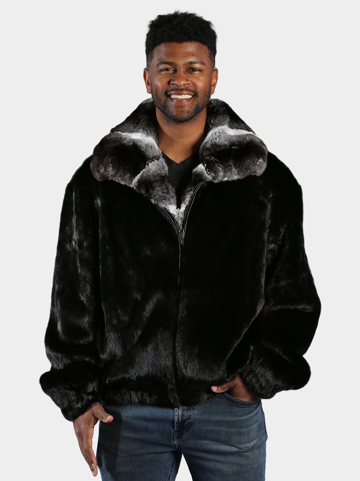 Man's Black Mink Fur Jacket with Natural Chinchilla Fur Collar