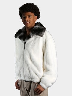 Man's White Mink Fur Jacket with Natural Chinchilla Fur Collar