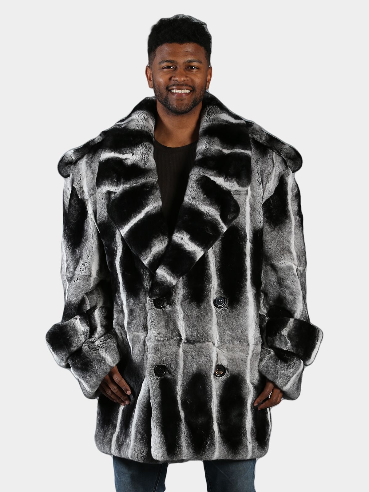 Man's Chinchilla Dyed Rex Rabbit Fur Pea Coat