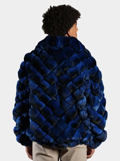 Man's Royal Blue Dyed Chinchilla Square Sections Fur Jacket