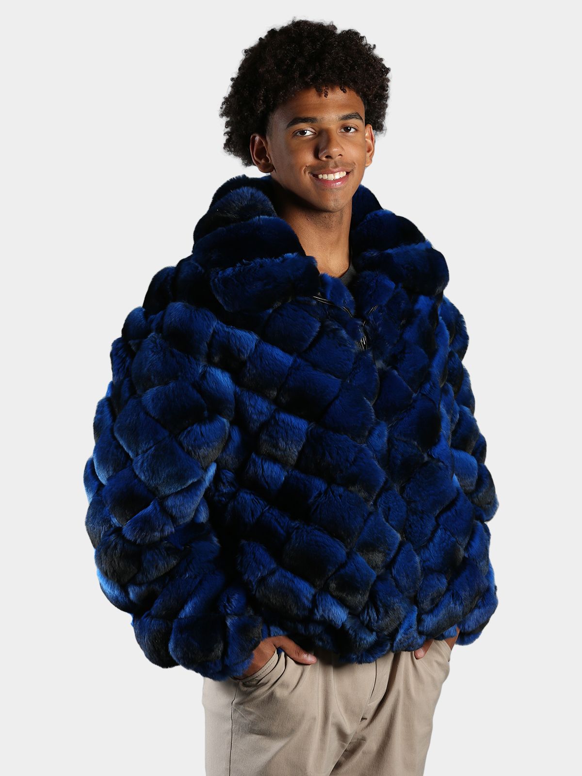 Man's Royal Blue Dyed Chinchilla Square Sections Fur Jacket