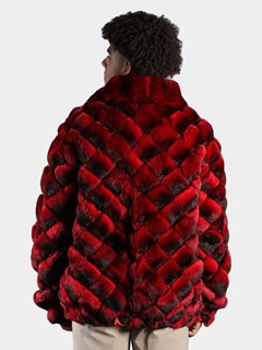 Man's Red Dyed Chinchilla Square Sections Fur Jacket