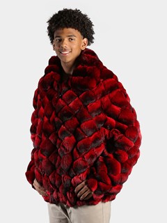 Man's Red Dyed Chinchilla Square Sections Fur Jacket