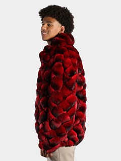 Man's Red Dyed Chinchilla Square Sections Fur Jacket