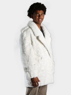 Man's White Sections Mink Fur Pea Coat