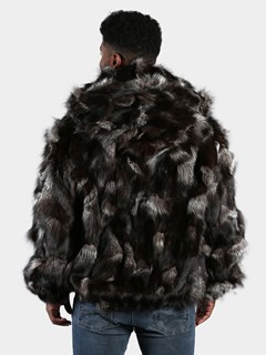 Man's Natural Silver and Black Fox Fur Bomber Jacker with Hood