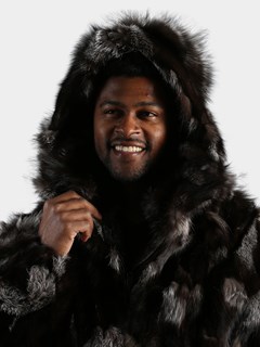 Man's Natural Silver and Black Fox Fur Bomber Jacker with Hood