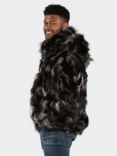 Man's Natural Silver and Black Fox Fur Bomber Jacker with Hood