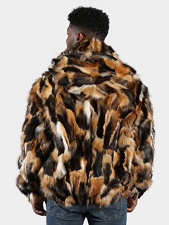 Man's Natural Crystal and Black Fox Fur Bomber Jacket with Hood