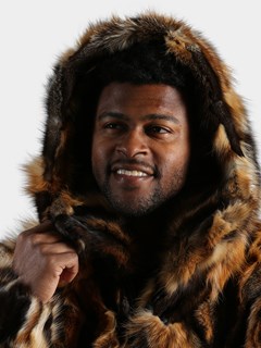 Man's Natural Crystal and Black Fox Fur Bomber Jacket with Hood