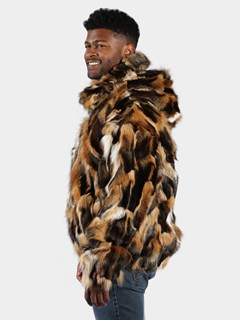 Man's Natural Crystal and Black Fox Fur Bomber Jacket with Hood