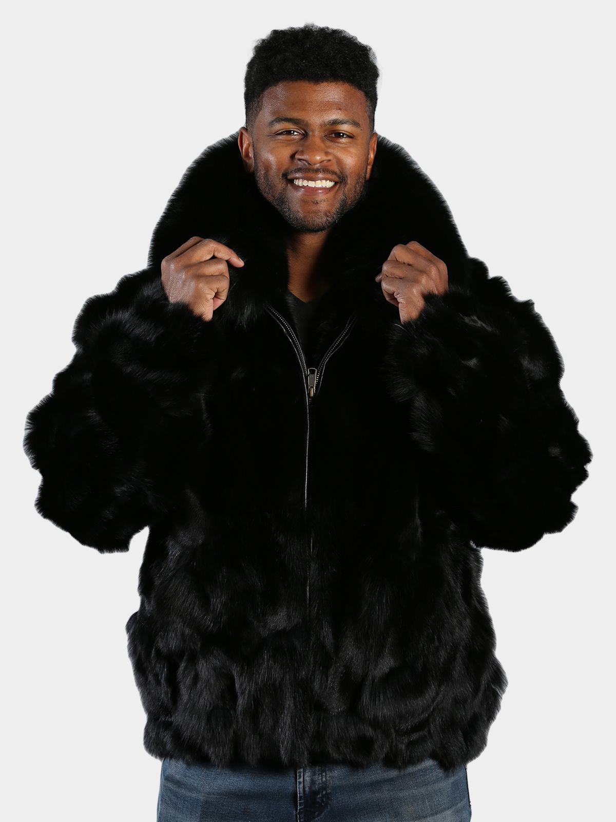 Man's Black Fox Section Fur Bomber Jacket - Day Furs