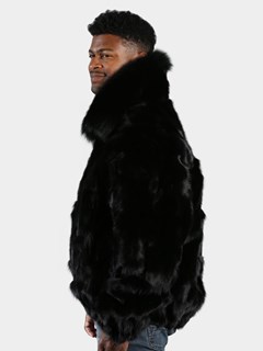 Man's Black Fox Section Fur Bomber Jacket