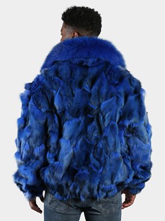 Man's Royal Blue Fox Section Fur Bomber Jacket
