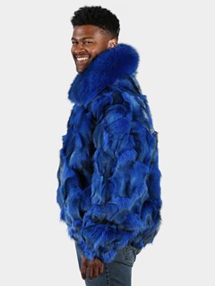 Man's Royal Blue Fox Section Fur Bomber Jacket