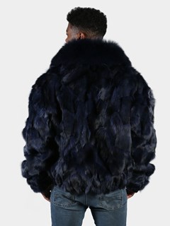 Man's Navy Blue Fox Section Fur Bomber Jacket