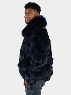 Man's Navy Blue Fox Section Fur Bomber Jacket