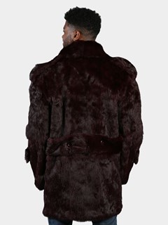 Man's Burgundy Full Skin Rabbit Fur Pea Coat