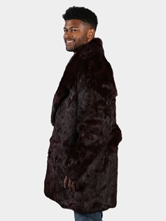 Man's Burgundy Full Skin Rabbit Fur Pea Coat