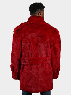 Man's Red  Full Skin Rabbit Fur Pea Coat