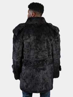 Man's Grey Full Skin Rabbit Fur Pea Coat
