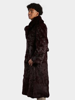 Man's Burgundy Full Skin Rabbit Fur Trench Coat