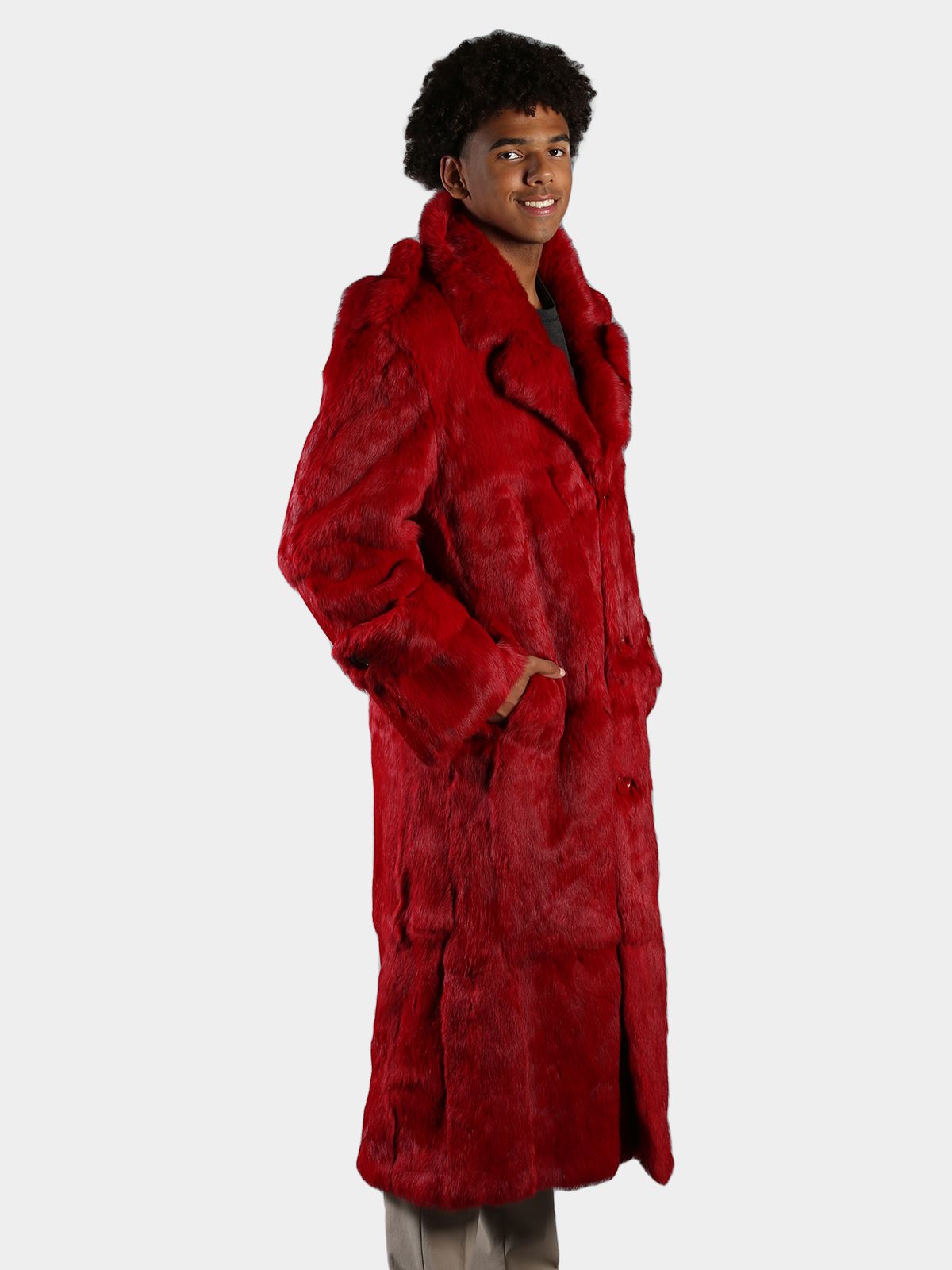 Man's Red Full Skin Rabbit Fur Trench Coat