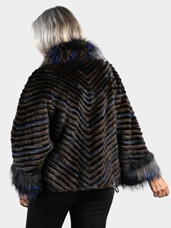 Woman's Blue, Black and Brown Mink Fox and Rex Rabbit Fur Jacket