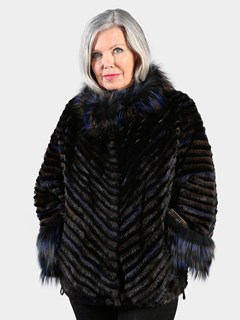 Woman's Blue, Black and Brown Mink Fox and Rex Rabbit Fur Jacket