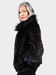 Woman's Blue, Black and Brown Mink Fox and Rex Rabbit Fur Jacket