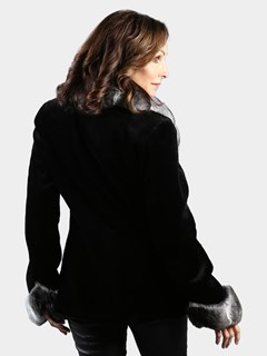 Woman's Black Sheared Mink Fur Jacket with Natural Chinchilla Shawl Collar and Cuffs