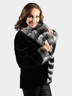 Woman's Black Sheared Mink Fur Jacket with Natural Chinchilla Shawl Collar and Cuffs