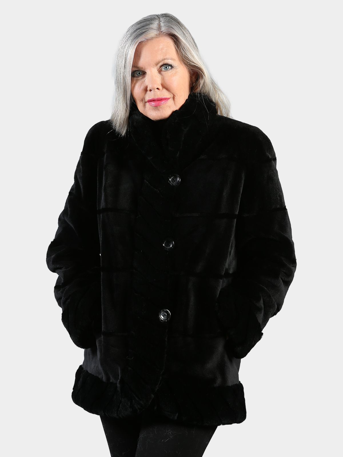 Woman's Black Sheared Mink Fur Jacket Reversible to Rain Taffeta 