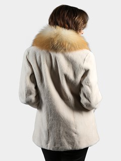 Woman's Ivory Sheared Mink Fur Jacket with Golden Isle Fox Shawl Collar and Cuffs