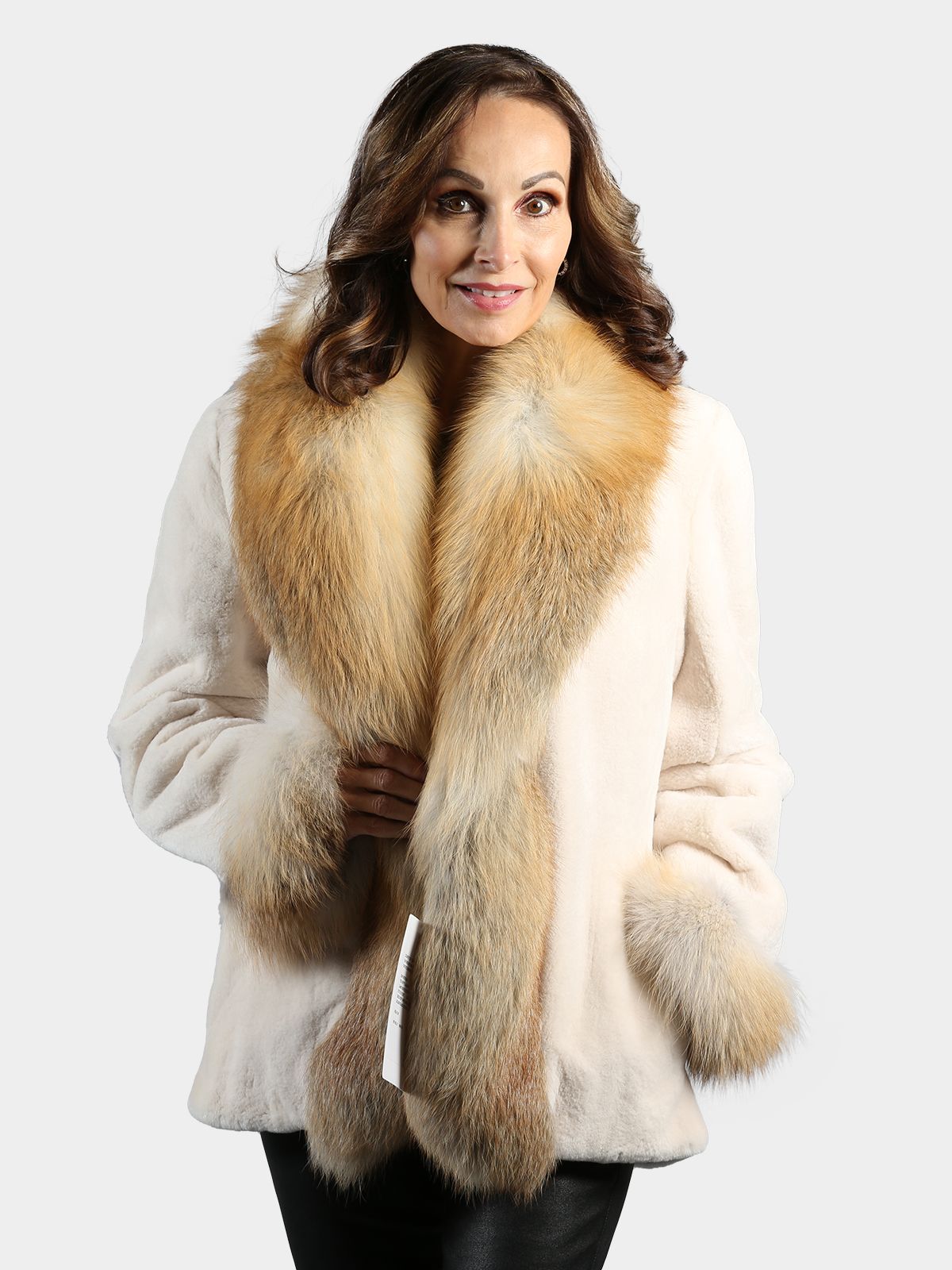 Woman's Ivory Sheared Mink Fur Jacket with Golden Isle Fox Shawl Collar and Cuffs