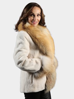 Woman's Ivory Sheared Mink Fur Jacket with Golden Isle Fox Shawl Collar and Cuffs
