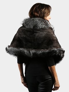 Woman's Blue Iris Mink Fur Cape with Natural Silver Fox Trim