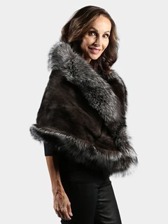 Woman's Blue Iris Mink Fur Cape with Natural Silver Fox Trim