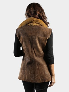 Woman's Brown Distressed Leather Vest with Camel Rex Rabbit Collar and Tuxedo Front