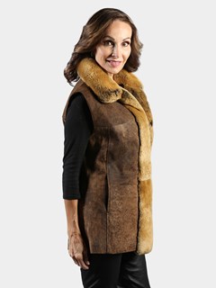 Woman's Brown Distressed Leather Vest with Camel Rex Rabbit Collar and Tuxedo Front