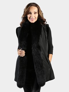 Woman's Black Sheared Mink Fur Vest with Black Fox Tuxedo  Front Reversible to Rain Taffeta