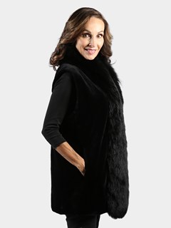 Woman's Black Sheared Mink Fur Vest with Black Fox Tuxedo  Front Reversible to Rain Taffeta