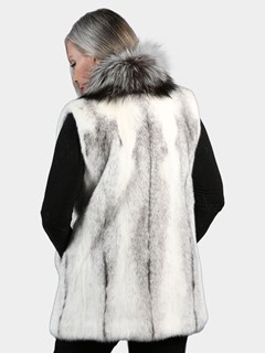 Woman's Black Cross Mink Fur Vest with Natural Silver Fox Tuxedo Front Reversible to Rain Taffeta