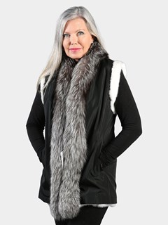 Woman's Black Cross Mink Fur Vest with Natural Silver Fox Tuxedo Front Reversible to Rain Taffeta