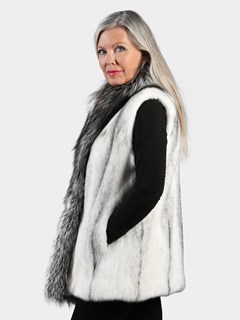 Woman's Black Cross Sheared Mink Fur Vest with Natural Silver Fox Tuxedo Front Reversible to Rain Taffeta