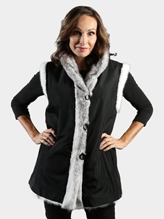 Woman's Black Cross Mink Fur Vest Reversible to Rain Taffeta