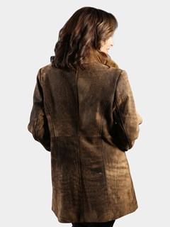 Woman's Camel Nappa Lamb Leather Jacket with Matching Rex Rabbit Cuffs and Tuxedo Front
