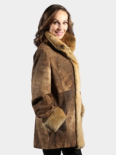 Woman's Camel Nappa Lamb Leather Jacket with Matching Rex Rabbit Cuffs and Tuxedo Front