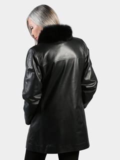 Woman's Black Nappa Leather Stroller with Black Fox  Tuxedo Front Reversible to Rain Taffeta