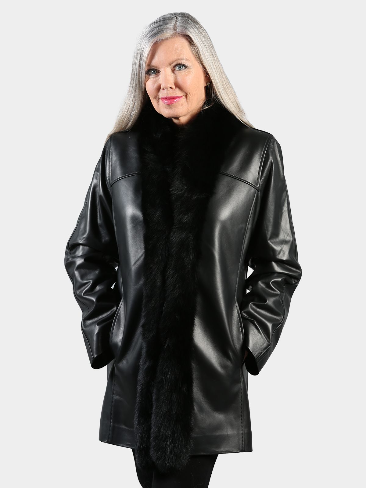 Woman's Black Nappa Leather Stroller with Black Fox  Tuxedo Front Reversible to Rain Taffeta